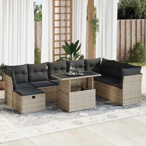 Set muebles jardín 9 pzas y cojines ratán sintético gris claro vidaXL (1/5)