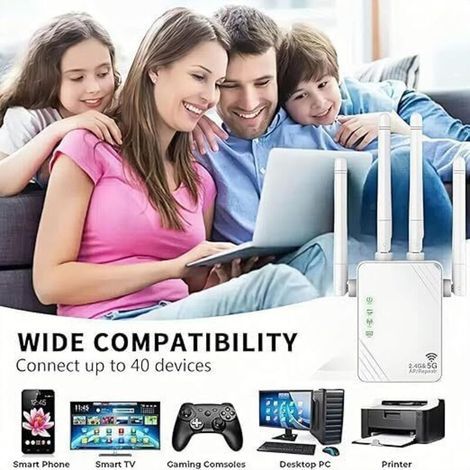 Répéteur WiFi, Extender WiFi, 1200MPs Amplificateur de Signal WiFi, 5GHz et 2.4GHz Dual Band WiFi Booster, Mode Repeater/Router/AP, 4 Antennes, 2 LAN (1/3)