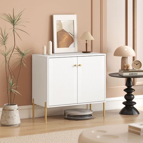 Aparador para salón, mueble de almacenamiento con puertas dobles acanaladas, estante ajustable, patas de acero, 80 x 39,1 x 76 cm, blanco