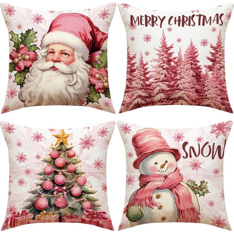 Lot de 4 housses de coussin roses, housses de coussin de Noël, 45 x 45 cm, coussins décoratifs flocons de neige pour décoration de Noël, linge de lit de Noël, décoration de canapé (rose) (1/5)