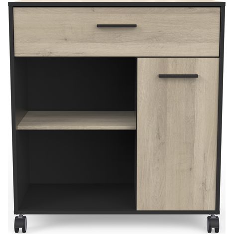 Desserte micro-ondes pour cuisine coloris chêne kronberg, noir mat -Longueur 81 x Hauteur 90,30 x Profondeur 39,6 cm -PEGANE- (1/4)