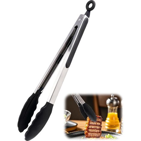Pince Cuisine Silicone, 30cm Pince Silicone Air Fryer, Pinces De Cuisine avec Embouts en Silicones Et Poignée En Acier Revêtue De Silicones, Résistante à la Chaleur, Pour Cuisiner, Salade, Grillades (1/5)