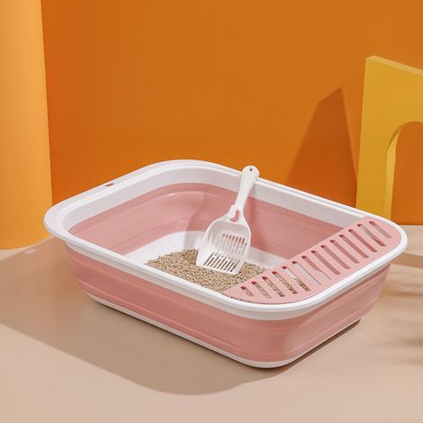 Nouveau bac à litière pour chat de compagnie semi-fermé pliant chat toilette surdimensionné anti-éclaboussures nettoyage chat fournitures (rose) (1/5)