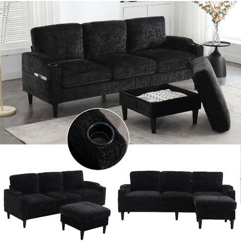 4-Sitzer Sofa mit Hocker und Stauraum, moderne Wohnzimmer Couch mit Getränkehalter und Seitentaschen, 196,5 x 75 x 77 cm, pflegeleichter Chenille-Stoff (1/5)