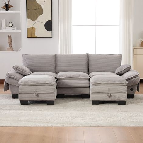 Canapé modulaire 3 places en velours côtelé gris clair avec 2 poufs, USB-C et rangement, 260x132x84 cm (1/5)