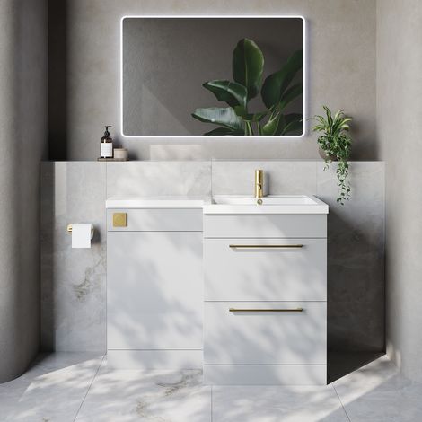 Napoli 460 Gloss Grey Pearl 1100mm 2 Drawer Vanity Unit Toilet Suite with Right Hand Square Lucia Basin - 1100mm - Brushed Brass 320mm HandleWithout Kingston Toilet Pan