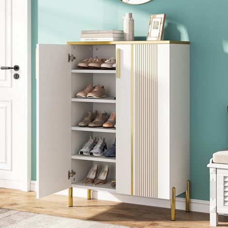 Tribesigns Meuble à chaussures avec portes - Meuble à chaussures à 6 niveaux avec étagères réglables - Organisateur de chaussures pour entrée, couloir, armoire, salon, blanc et doré (1/5)