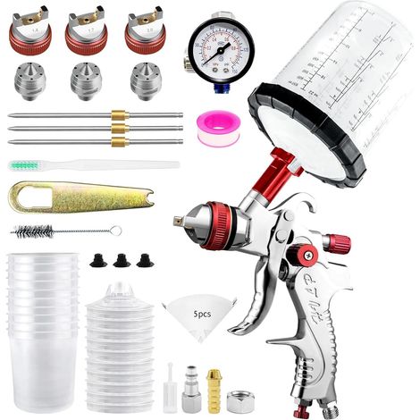 HVLP Pistolet à Peinture avec 10 gobelets jetables de 650 ML, Pistolet Peinture Air Comprimé 3 Buses 1,4/1,7/2,0mm et Accessoires, HVLP Meubles Voiture de réparation (Rouge) (1/5)
