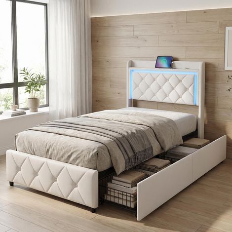 Letto singolo 90x200, 2 cassetti, letto per bambini con illuminazione LED e porte USB/Type-C, struttura letto imbottita in velluto, stile moderno, Beige
