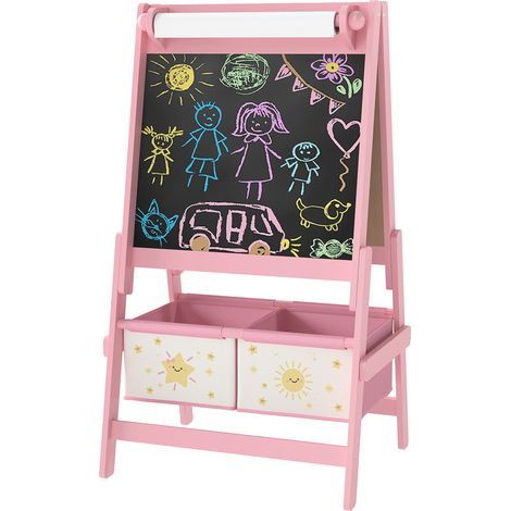 Tableau enfant 3-en-1, bois, rose, 54x46x94 cm, 2 paniers, chevalet, rouleau papier (1/5)
