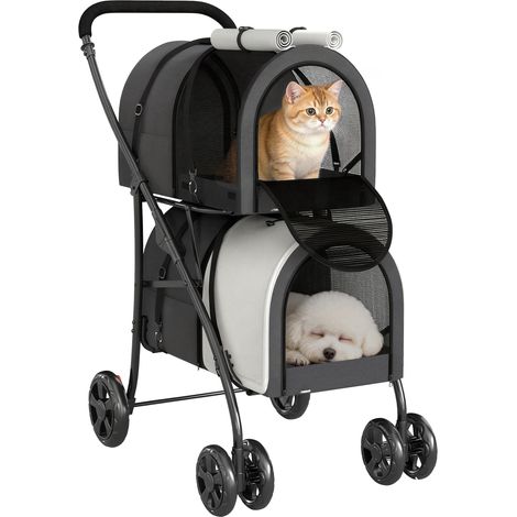 PawHut carrito doble para perros cochecito plegable para mascotas con 2 transportines extraíbles cinturón de seguridad bolsillo 66x50x98cm gris oscuro