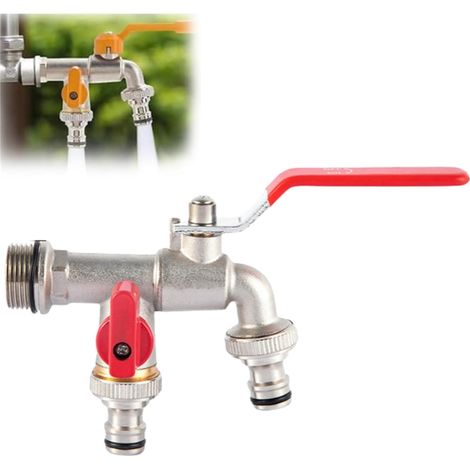 Robinet de jardin universel à double sortie en acier inoxydable, distributeur de tuyau de 1,27 cm, 1,9 cm, kit de robinet extérieur en laiton à double sortie pour jardin, maison et industrie (rouge, 3 (1/5)