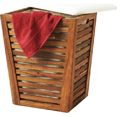 Relaxdays cesto ropa con asiento, banco de baño con almacenaje, 50 L, 65x40x40 cm, madera de acacia y tela marrón/blanco (1/5)