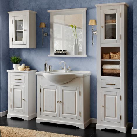 Badmöbel Set Keramik Waschbecken 85 cm, 5-teilig LIRIA-56, Massivholz weiß geblricht, B x H x T ca.: 205 x 200 x 43 cm (1/5)