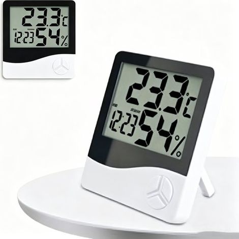 Thermomètre - Thermomètre et hygromètre numérique d'intérieur - Avec horloge, alarme et surveillance de l'humidité - Mini station météo pour une utilisation intérieure et extérieure - 10 x 9 x 2 cm - (1/5)