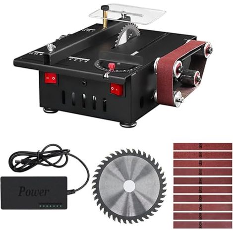 Meuleuse, mini scie d'établi 150 W et ponceuse à bande, scie circulaire à vitesse variable, profondeur de coupe de 30 mm, ponceuse de table avec 10 bandes abrasives for bois, plastique, pierre