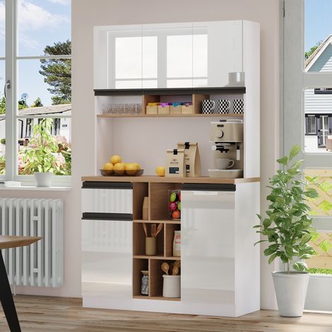 Meuble de cuisine, 105×45×185cm, buffet de cuisine haut, vitrine, meuble buffet avec étagères réglables, buffet avec éclairage LED, Blanc (1/5)