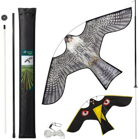 VOUNOT® Espantapájaros Cometa Voladora Cultivos Protector de Aves Halcón Ahuyentador Aves Palomas para Jardín Granja Repelente Visual Pájaros con Mástil Telescópico 4m 2 Cometas A&G