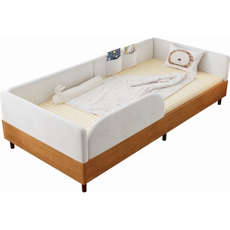 Lit capitonné simple, design en velours et bois, avec 2 poches de rangement, lit capitonné moderne pour chambre d’enfant, bord en mousse anti-choc douce, cadre de lit stable, blanc, 90 x 200 cm (1/5)