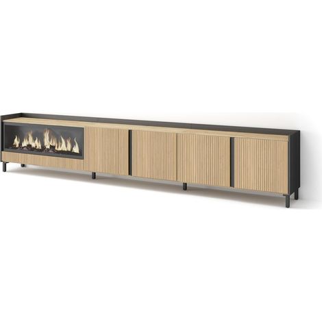 Skraut Home - Meuble TV, Banc Télé, Grand espace de Rangement, 315x35x61cm, Pour les TV jusqu'à 80", Cheminée électrique XXL, Design industriel, Style moderne, Chêne et noir (1/5)