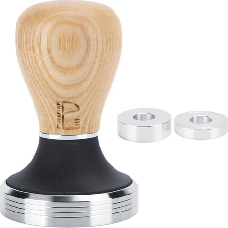 Doseur de café plat en acier inoxydable de 58mm, marteau pressé avec poignée en bois réglable en hauteur, couleur bois clair (1/5)