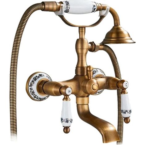 Robinet de douche de baignoire, à double poignée, monté au mur, Laiton antique C (1/2)