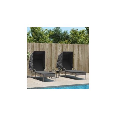 Chaises longues lot de 2 avec auvents et table gris poly rotin (1/5)