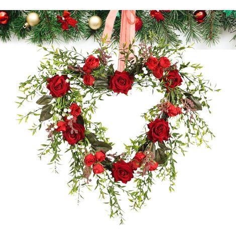 Couronne de porte romantique en forme de cœur, couronne de roses (1/5)