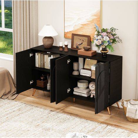 Aparador negro de estilo Mid-Century con ranuras 3D, puertas arqueadas y patas metálicas doradas (1/5)