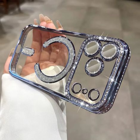 (iPhone Air, Bleu) Coque magnétique pour iPhone, coque transparente scintillante en forme de diamant, protection intégrale de l'appareil photo.
