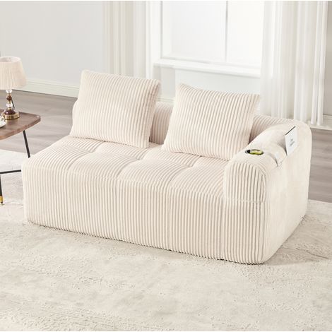 Sofá 2 plazas de pana beige 158 cm con bolsillos laterales y portavasos (1/5)