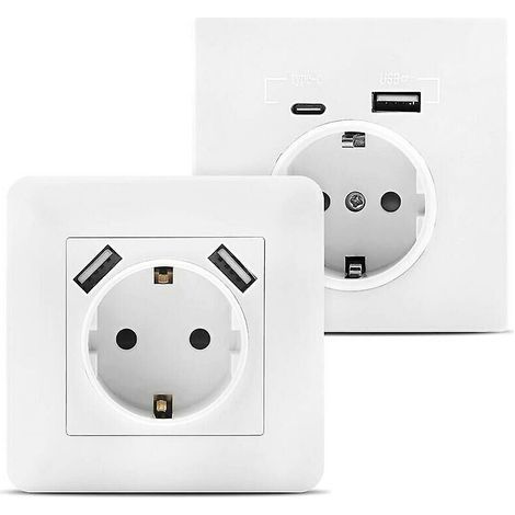 Prise Murale Avec 2 Ports Usb Encastrés 2,8 A, Prise Usb Murale Avec (Usb-A Et Usb-C) Compatible Avec Boîtier Encastré Standard, Chargeur Pour Smartphone, Tablette, Mp3 Blanc (Lot De 2) (1/4)