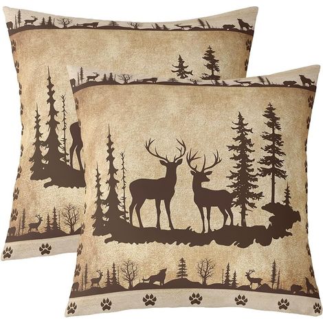 Housse de Coussin 40x40 Lot de 2,Chalet de Campagne Housse d'oreiller,Ferme Village Wapiti Faune Taie d'oreiller,Chasse Vintage Camping Terrain Boisé Coussin Décoratifs (1/5)