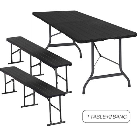 Iztoss – Ensemble table pliante et 2 bancs – Table de jardin 8 personnes – Plateau en plastique HDPE – Pieds en acier galvanisé – Noir