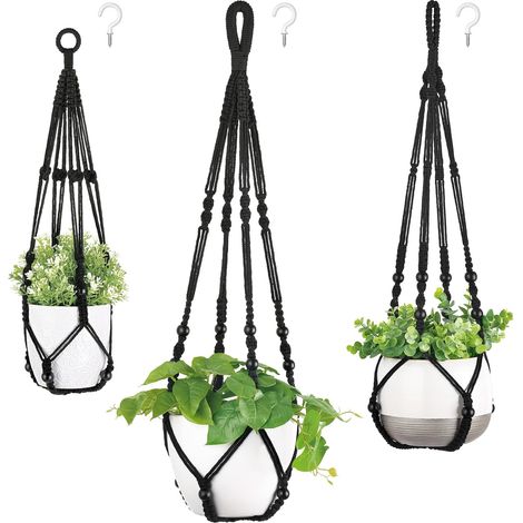 Ensemble de 3 paniers suspendus en macramé, crochets pour plantes, jardinière d'intérieur, support pour pot de fleurs suspendu, corde de coton avec perles sans pompons, 58 cm/73 cm/89 cm, Noir (1/5)