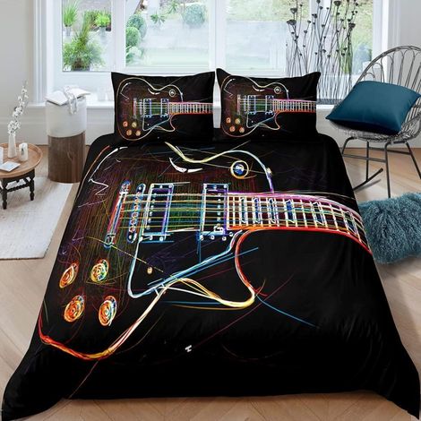 Parure de lit Guitare 155x220 cm 3 pièces Microfibre Motif musique 3D