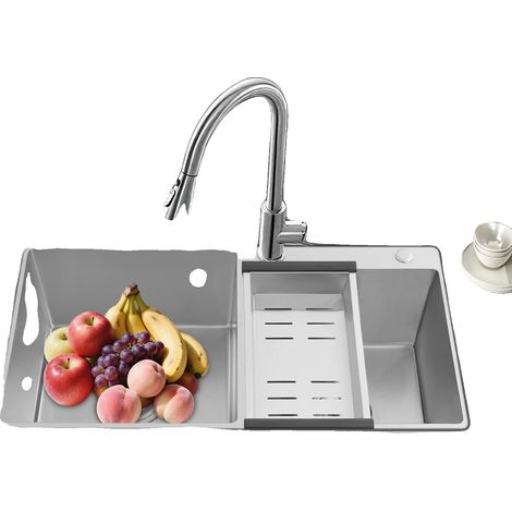 Évier en Acier Inoxydable, Double Bac, 78 x 43 x 21 cm, Grande Capacité du Bac: 30L, Petite Capacité du Bac: 23L, Type d'Installation: À Encastrer/À Poser (1/5)