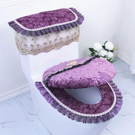 Ensemble de 3 housses de siège de toilette avec couvercle et housses de réservoir, coussins élastiques chauds pour salle de bain (violet) (1/5)