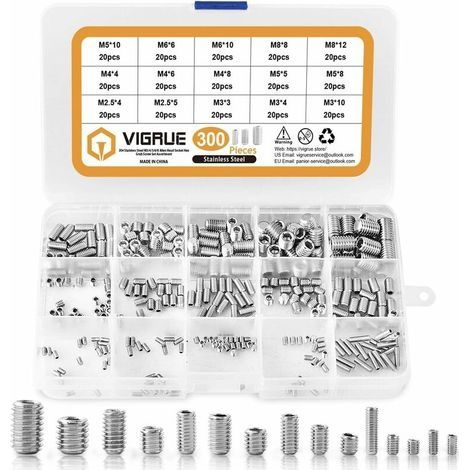 Kit de 300 vis sans tête hexagonales en acier inoxydable M2.5 M3 M4 M5 M6 M8 – Pour travaux de précision et assemblage durable - 300PCS (1/5)