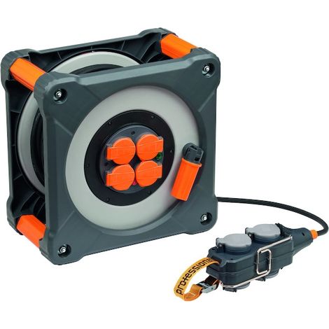 Brennenstuhl – Enrouleur cube avec powerblock 25m H07RN-F 3G 2.5 – 4 prises protégées IP44 – Câble résistant aux hydrocarbures – Pour chantiers humides (1/6)