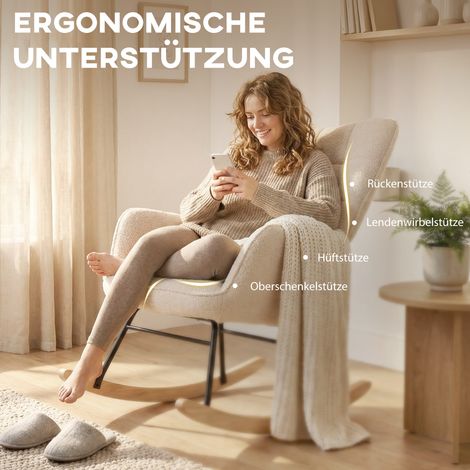 Fauteuil à bascule rétro en bois massif, relax, 98 x 71 x 101 cm, beige (1/5)