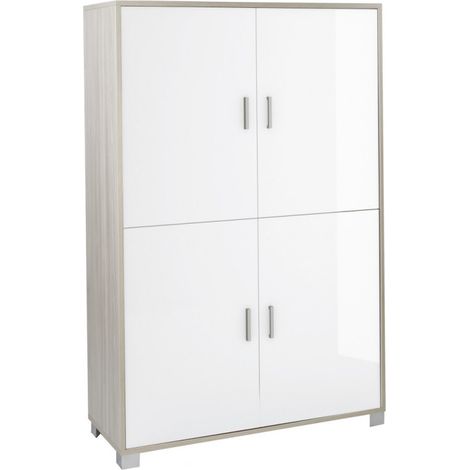 Aparador 4 puertas moderno mueble de almacenaje para salón Maray - Olmo - Blanco brillante