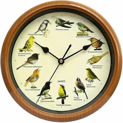 Horloge murale oiseaux chanteurs 33cm - Résine cuivre - 12 chants d'oiseaux - Thème nature (1/5)