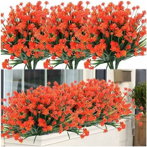 8 Bundles Extérieure Artificielle Faux Fleurs Arbustes Résistants Aux UV Plantes, Faux Plastique Verdure pour Intérieur Extérieur Plantes Suspendues (Orange Rouge)-Fei Yu (1/5)