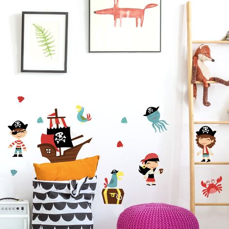Sticker décoratif, illustration de pirates rigolos avec animaux de la mer déco enfant, 68 cm X 48 cm (1/5)