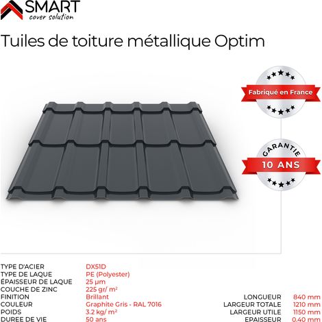 Bravo The Smart Solution – Tôle imitation tuile de couverture – modèle Optim – couleur gris anthracite Ral 7016 – épaisseur 0,4mm – dimensions 1210mm x 840mm – surface 1,016m2