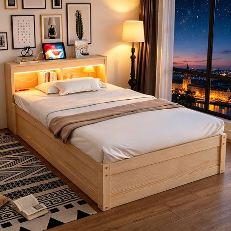 Schlafsofa 90x200 cm Massivholzbett mit hydraulischem Stauraum, LED Beleuchtung und integrierter Steckdose, Multifunktionsbett Holzfarbe (1/5)