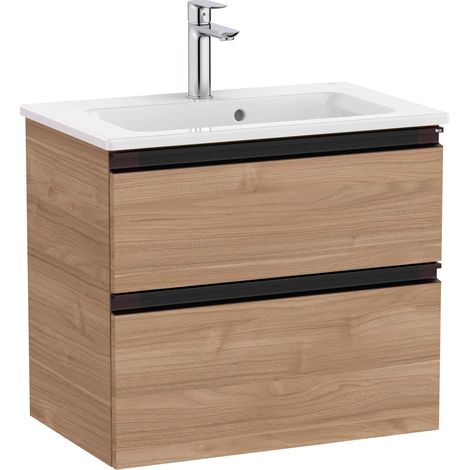 Roca Compact Vanity Unit Walnut Finish 600mm Wall Hung 2 Drawers with Basin (1/5)