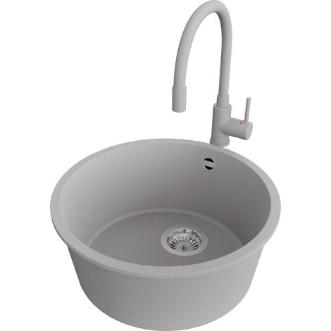 PRIMAGRAN Evier Sous Plan 46x46cm,Evier en Granit 1 bac + Robinet 38x14cm + Kit de Vidage, Évier au meuble 50cm - La Valette, Gris (1/5)