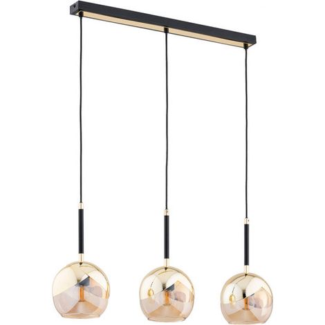 Alfa PRADA Linear Pendant Light 70cm, Matte Black Metal Bar with 3 Gold Glass Globe Shades, 3x E27 (max 15W) Hanging Ceiling Lamp for Dining Table, Kitchen Island, Living Room